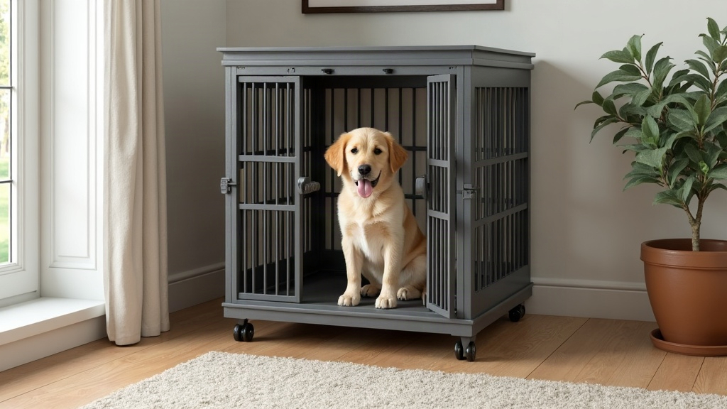 Spacious heavy duty steel dog crate with locking wheels in home living room